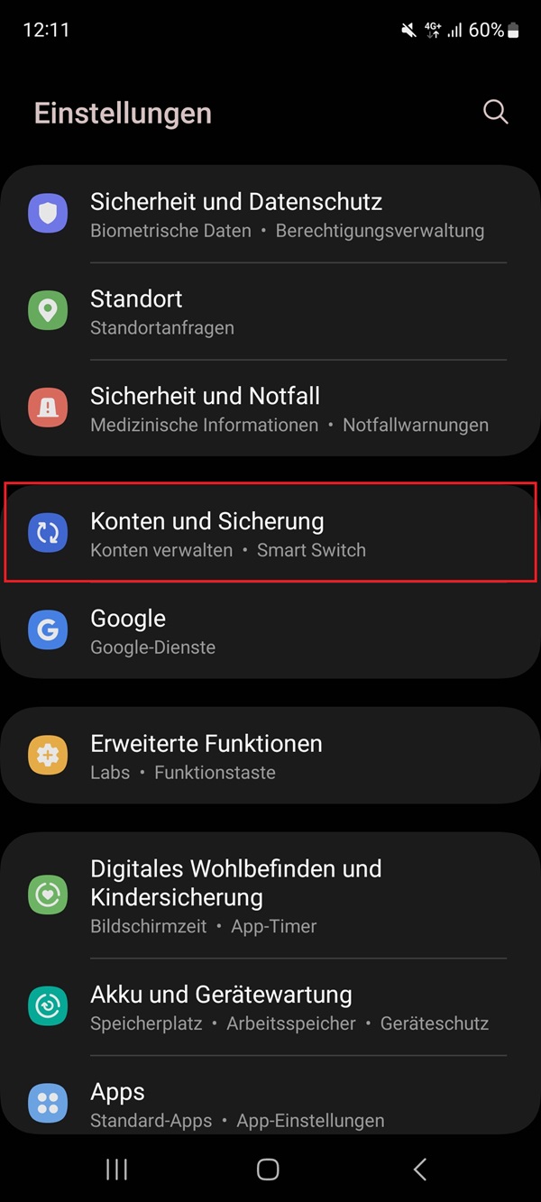 Screenshot von Einstellungen mit Markierung von „Konten und Sicherung“