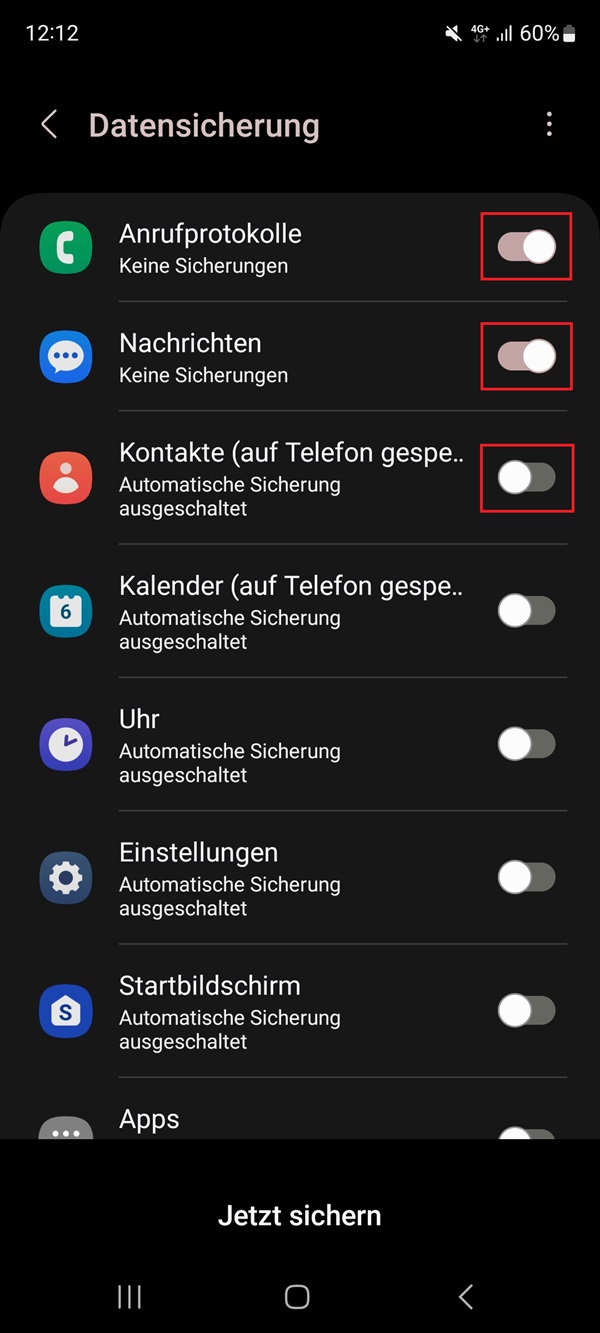 Screenshot von Datensicherung mit Markierung von „Anrufprotokolle“ und „Nachrichten“.