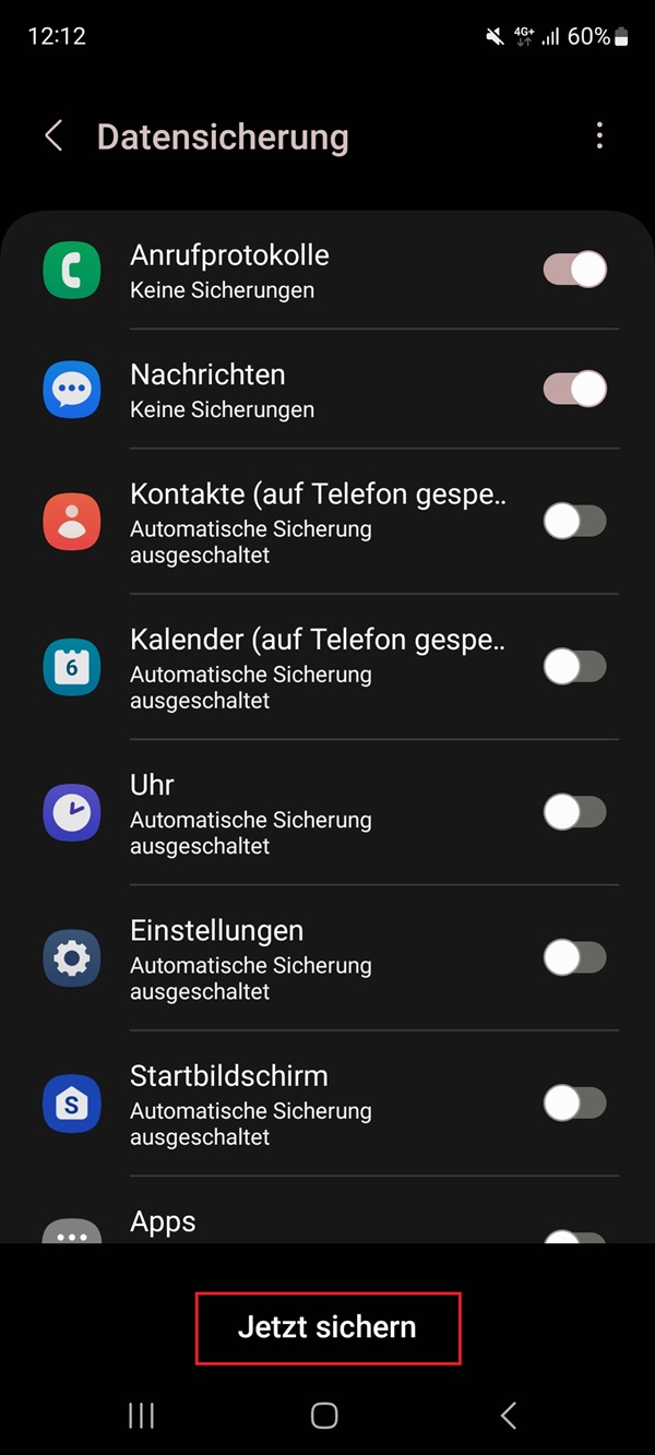 Screenshot von Datensicherung mit Markierung von „Jetzt sichern“.