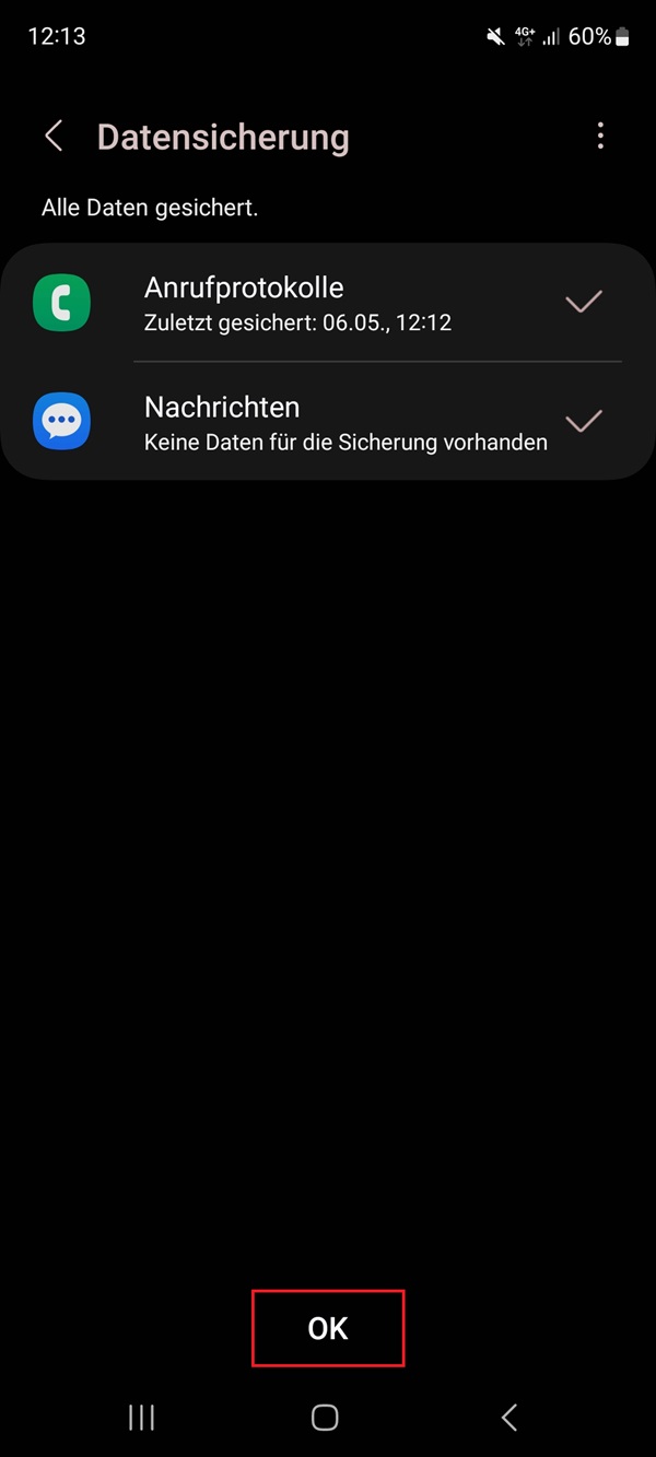 Screenshot von Datensicherung mit Markierung von „OK“