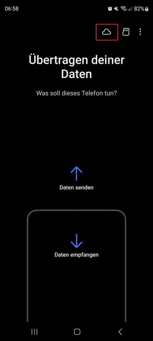 Screenshot von Samsung Smart Switch mit Markierung von „Samsung Cloud“.