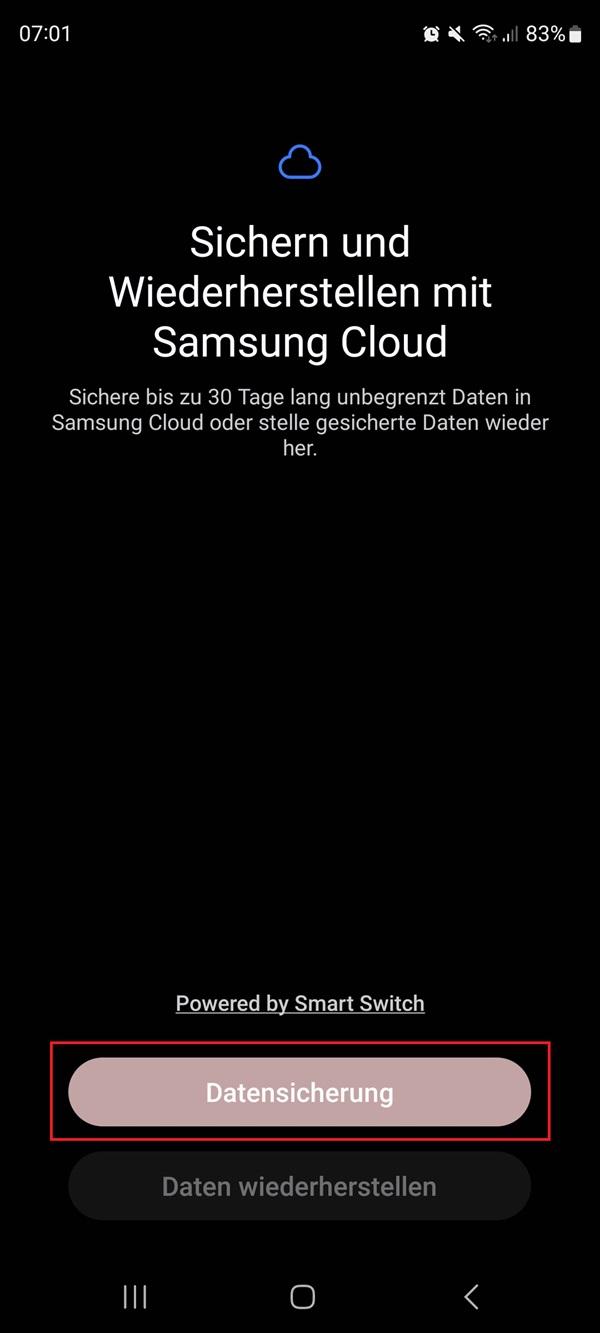 Screenshot von Samsung Cloud mit Markierung von „Datensicherung“.