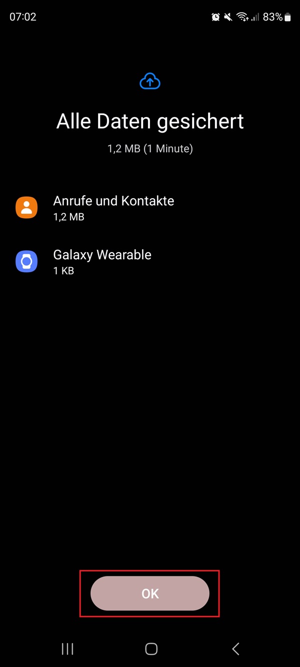 Screenshot von Datensicherung mit Markierung von „OK“.