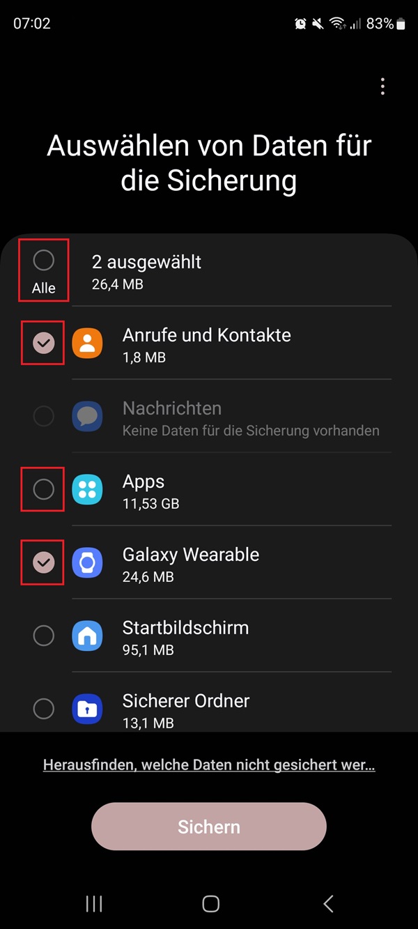 Screenshot von Datensicherung mit Markierung von „Alle“, „Anrufe und Kontakte“, „Apps“ und „Galaxy Wearable“.