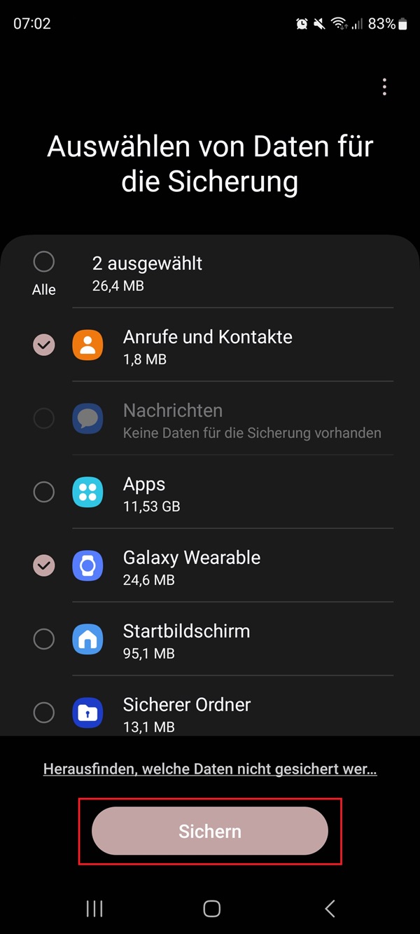 Screenshot von Datensicherung mit Markierung von „Sichern“.