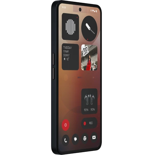 Technik Highlight Schwarzes Smartphone Nothing Phone (3a) von der Seite mit Bildschirm, großen Symbolen und Infos wie Uhrzeit und Musik.