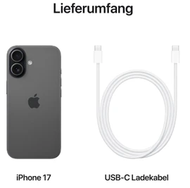  Lieferumfang des iPhone 17: ein schwarzes iPhone 17 und ein weißes USB-C Ladekabel nebeneinander dargestellt. 