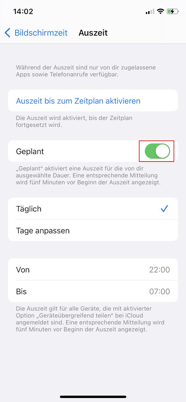 Screenshot zum Einstellen der Auszeit