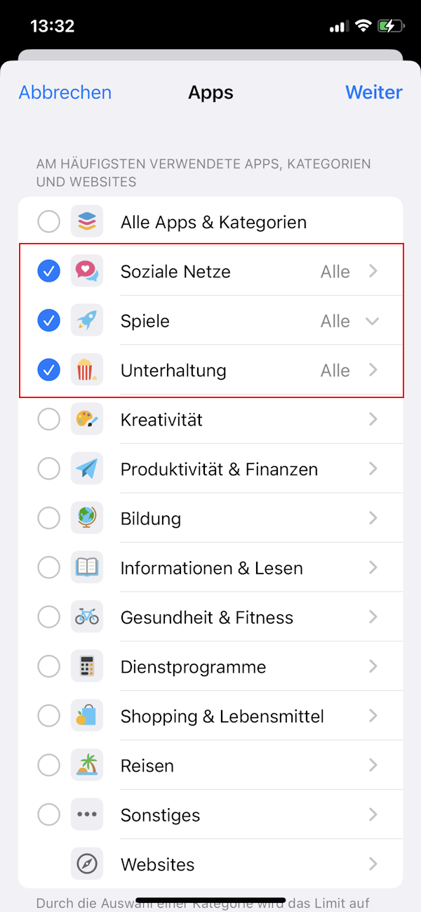 Screenshot App-Limit einstellen