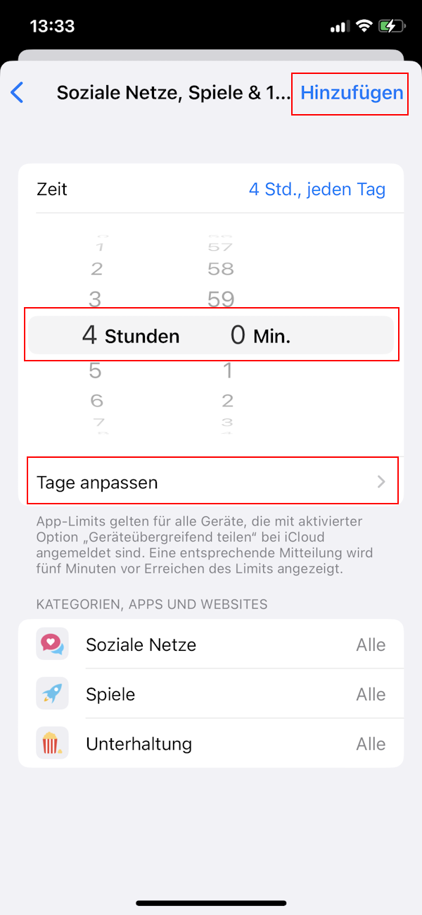 Screenshot Einrichten App-Limit