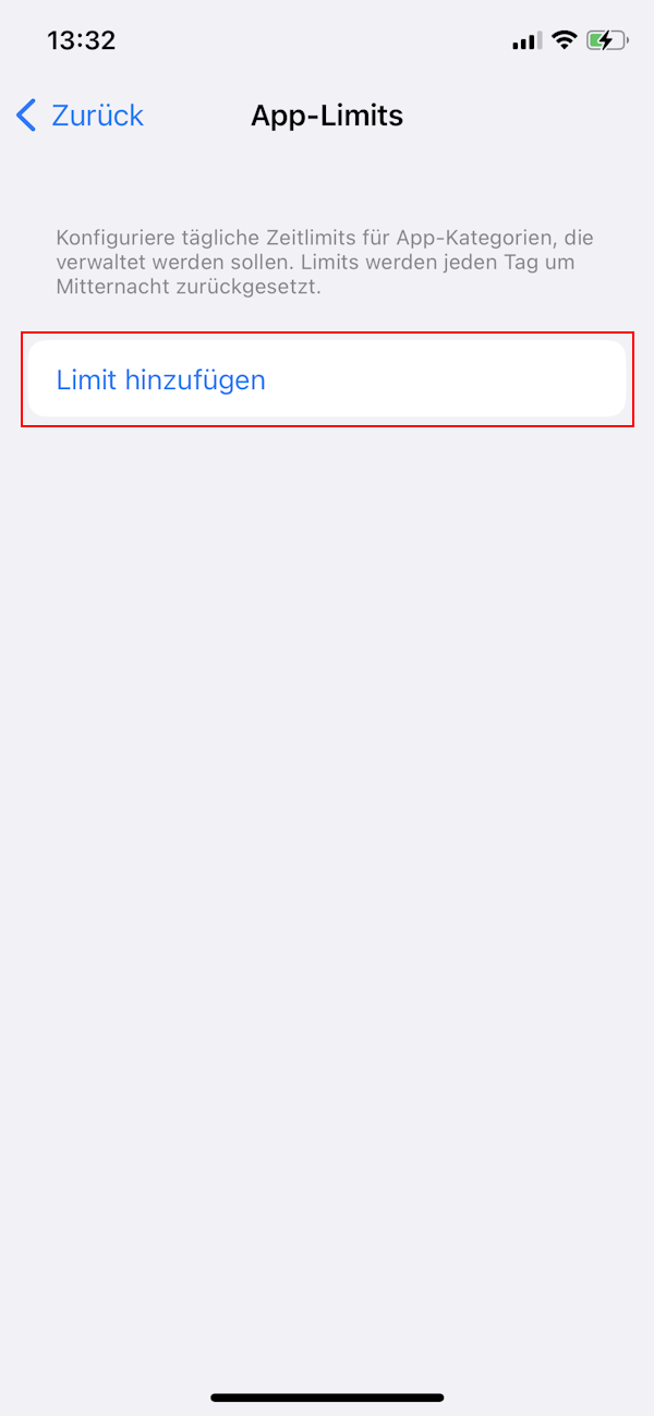 Screenshot zum Einrichten des App-Limits