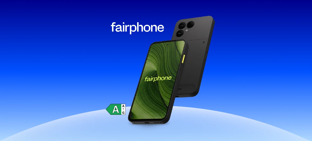  Vorder- und Rückansicht des Fairphone (Gen. 6) in der Farbe Schwarz. Daneben das fairphone-Logo. Auf dem Display des Geräts steht vor grünem Hintergrund: fairphone. In der unteren linken Ecke wird das EU-Energielabel mit Energieeffizienzklasse A gezeigt. 