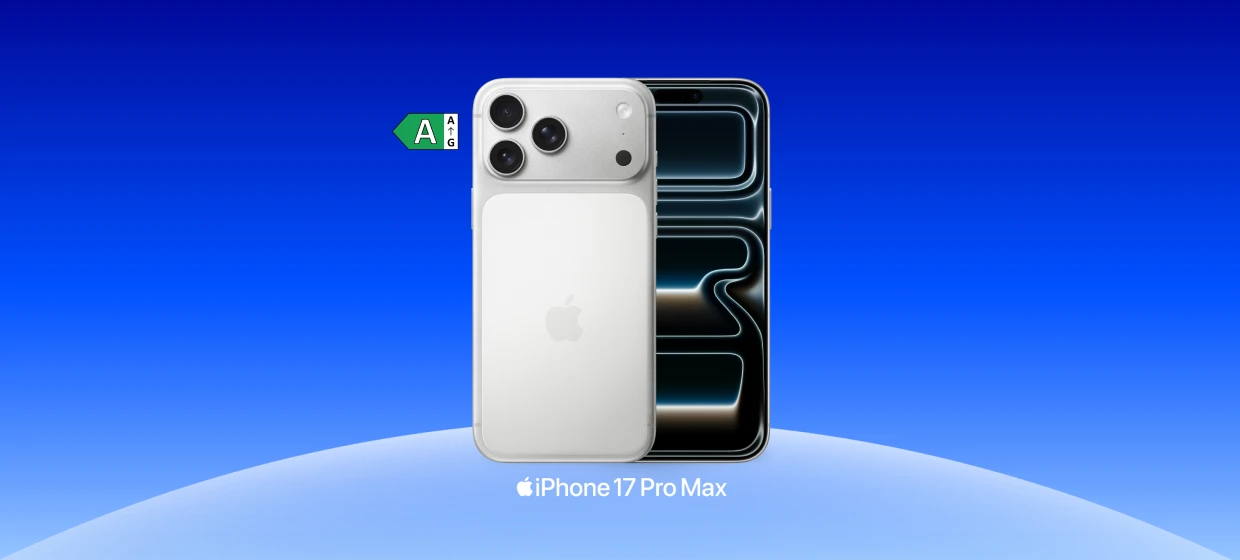 Gewinnspiel Technik Highlight   Vorder- und Rückansicht des iPhone 17 Pro Max in Silber mit eingeschaltetem Display auf weißem Hintergrund.