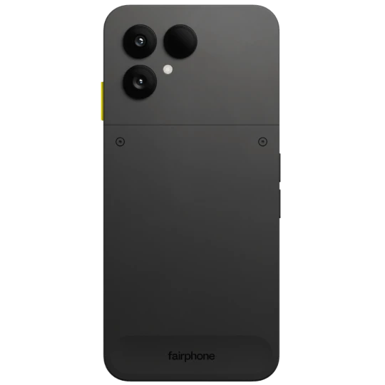 Gewinnspiel Technik Highlight Juli 2. Rückansicht des Fairphone (Gen. 6) in der Farbe Schwarz. Die Kamera des Geräts wird gezeigt.