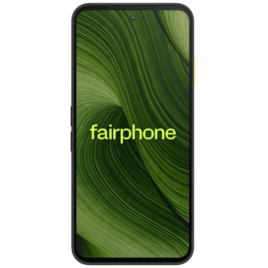 Gewinnspiel Technik Highlight Juli 1. Vorderansicht des Fairphone (Gen. 6) in der Farbe Schwarz. Auf dem Display steht vor grünem Hintergrund: fairphone.