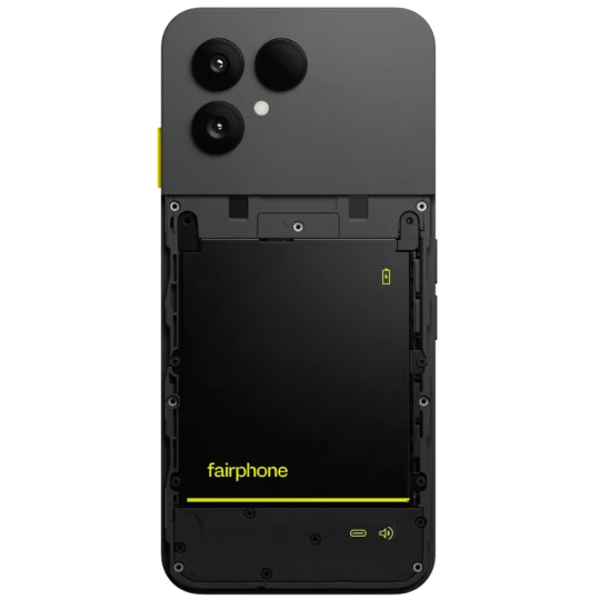Gewinnspiel Technik Highlight Juli 3. Rückansicht des Fairphone (Gen. 6) in der Farbe Schwarz. Der Akku ist sichtbar. Der Schriftzug fairphone ist in Gelb auf dem Akku zu lesen.