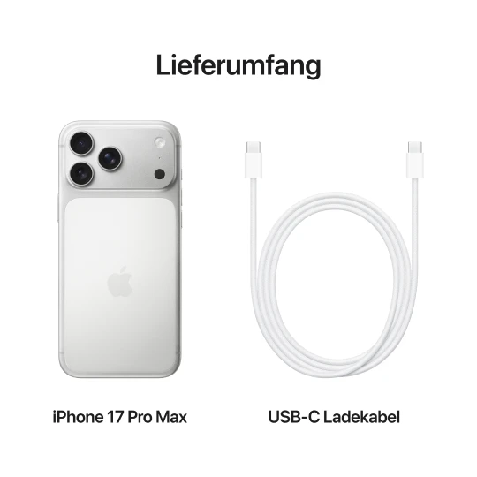 Gewinnspiel Technik Highlight Lieferumfang des iPhone 17 Pro Max: Gerät in Silber und USB-C-Ladekabel nebeneinander.