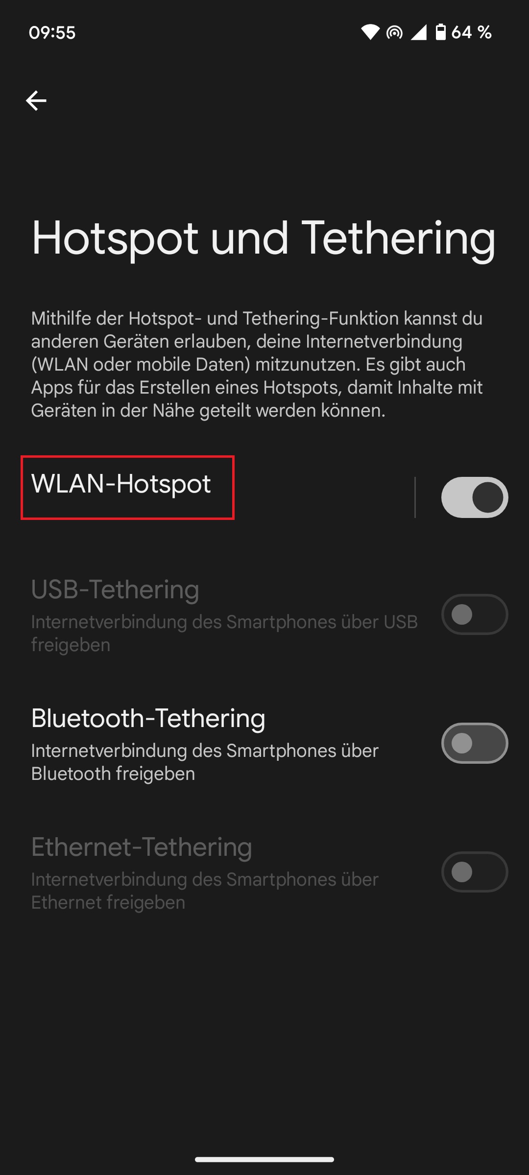 Hotspot und Tethering in den Einstellungen bei Betriebssystem Android 12 oder älter sind aktiviert