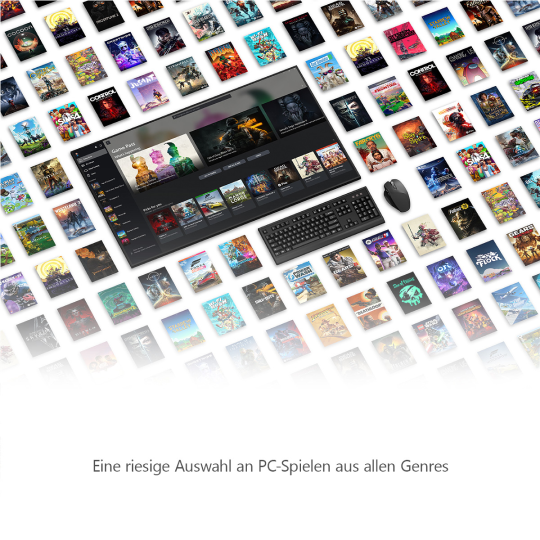 Verschiedene PC-Spiele. Schrift: Eine riesige Auswahl an PC-Spielen aus allen Genres