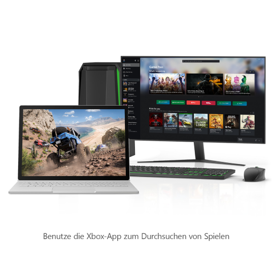 Laptop und PC mit Xbox-Spielen auf dem Display. Schrift: Benutze die Xbox-App zum Durchsuchen von Spielen