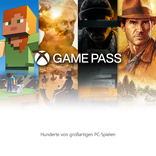 Xbox Game Pass Banner mit verschiedenen Spielcharakteren. Schrift: Hunderte von großartigen PC-Spielen