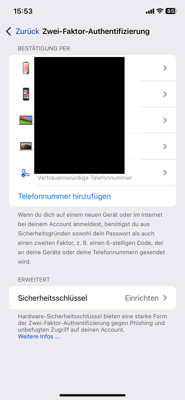 Geöffnete Zwei-Faktor-Authentifizierung am iPhone