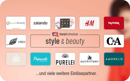  Eine Grafik, die das "bestchoice style & beauty" Logo in der Mitte zeigt, umgeben von Logos verschiedener Partner wie asambeauty, Zalando, H&M, TK Maxx, C&A, LOVECO, Paprcuts, PURELEI, OUTFITTERY und AMORELIE. Darunter steht der Text "...und viele weitere Einlösepartner. 