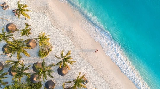  weißer Sandstrand mit einigen Palmen aus der Vogelperspektive. Das türkisfarbene Meer schlägt leichte Wellen auf den Strand- 