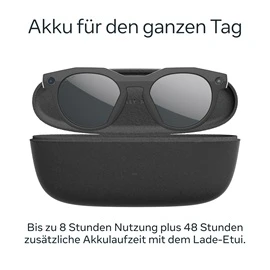  Eine schwarze Sonnenbrille mit runden Gläsern und integrierten Kameras liegt in einem geöffneten schwarzen Etui. 