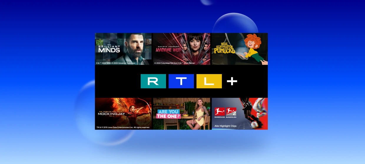  Das RTL Plus-Logo in der Mitte. Um das Logo verteilt sechs Grafiken. Gezeigt werden BRILLIANT MINDS, MADAME WEB, NEUE GESCHICHTEN VOM PUMUCKL, DIE TRIBUTE VON PANEM MOCKINGJAY TEIL 2, ARE YOU THE ONE?, die BUNDESLIGA und zweite BUNDESLIGA. BRILLIANT MINDS Copyright und TM 2024 WBEI Copyright 2024 Universal Television, MADAME WEB Copyright 2024 Columbia/TSG Ent. Copyright und TM 2025 Marvel, DIE TRIBUTE VON PANEM MOCKINGJAY TEIL 2 TM und Copyright 2015 Lions Gate Entertainment Inc. All rights reserved 