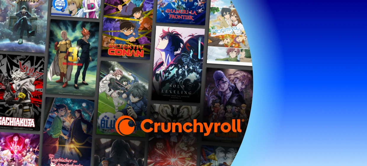 Crunchyroll Vorteil   Werbegrafik von Crunchyroll und o2 mit verschiedenen Anime-Postern im Hintergrund.