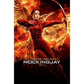 Plakat mit einer Frau, die Pfeil und Bogen in den Händen hält. Im Hintergrund ist ein Vogel mit ausgebreiteten Flügeln gezeichnet. Auf dem Plakat der Schriftzug DIE TRIBUTE VON PANEM MOCKINGJAY TEIL 2. Oben links das RTL Plus-Logo.
