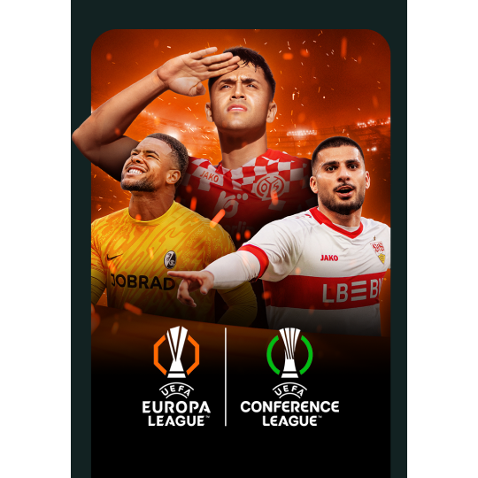 Drei Fußballspieler. Unten mittig die Logos UEFA EUROPA LEAGUE und UEFA CONFERENCE LEAGUE.