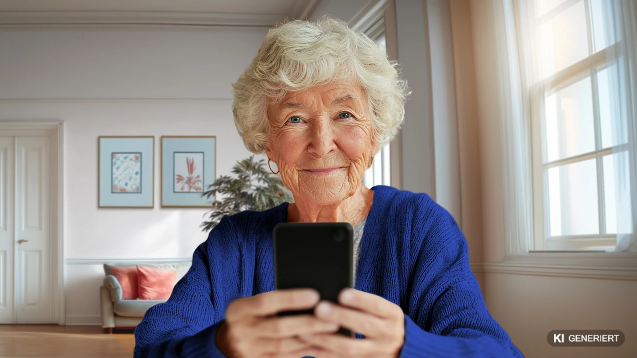  Person sitzt in einem Wohnraum und hält ein Smartphone in den Händen.
