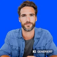  Porträt einer Person vor blauem Hintergrund.
