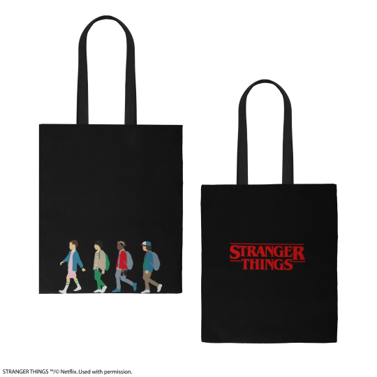 Schwarze Stofftasche mit „Stranger Things“-Motiv und Charakteren.