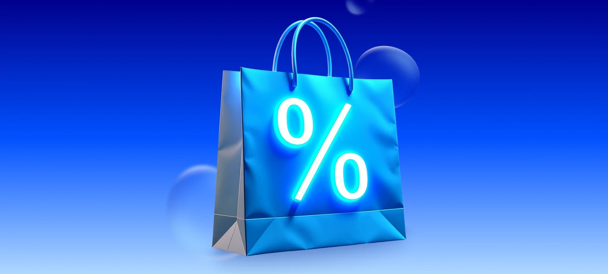  Blaue Tasche mit einem Prozent-Zeichen abgebildet 