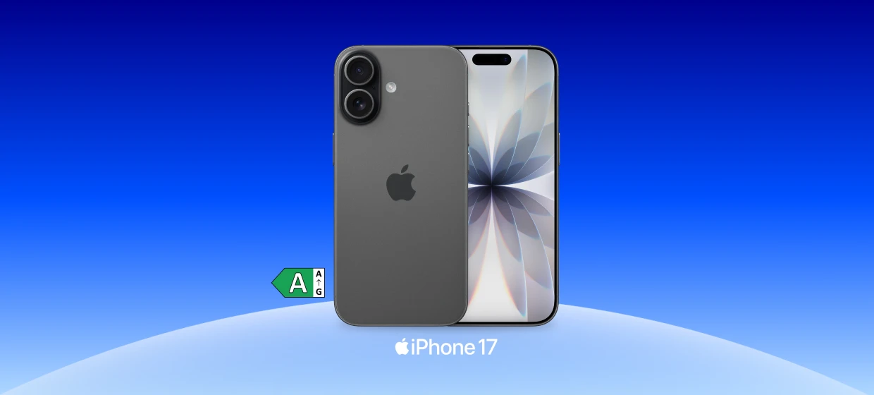  Schwarzes iPhone 17 von vorne und hinten nebeneinander dargestellt, Rückseite mit Apple-Logo und Dual-Kamera, Vorderseite mit Display und abstraktem Blütenmotiv.
