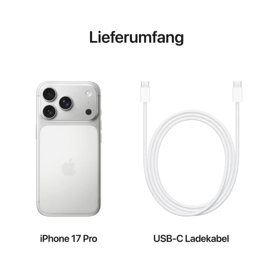  : Lieferumfang des iPhone 17 Pro: ein silbernes iPhone 17 Pro und ein weißes USB-C Ladekabel nebeneinander dargestellt. 