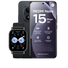 Vorder- und Rückansicht des Xiaomi Redmi Note 15 Pro+ 5G in Schwarz mit der Redmi Watch 5 Lite in Schwarz