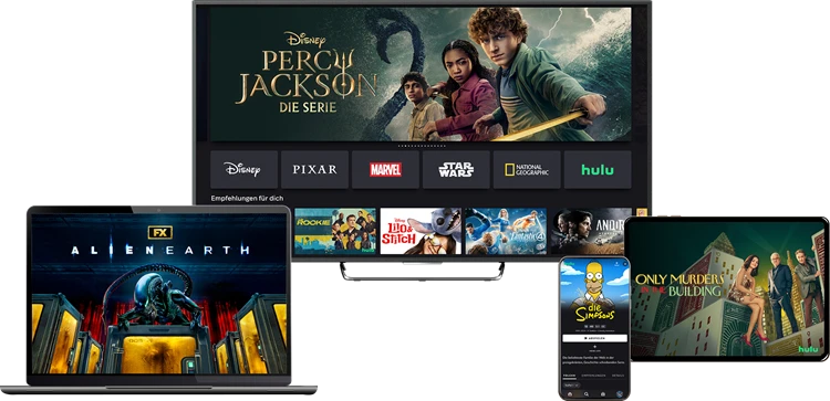  Verschiedener Banner von aktuellen Serien und Filmen in der Disney + App auf sämtlichen Geräten abgebildet 