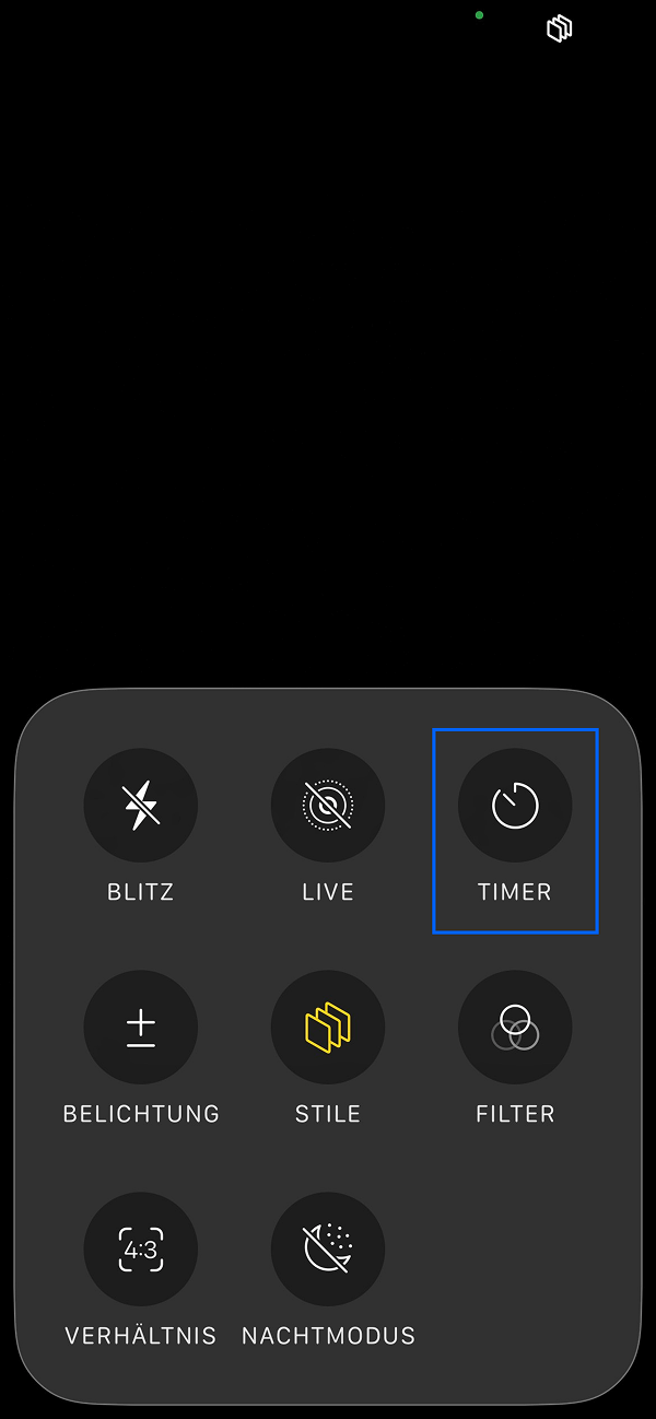 „Timer“-Menüpunkt in der iPhone-Foto-App