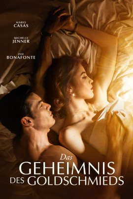 Filmplakat zu „Das Geheimnis des Goldschmieds“ mit einem Mann und einer Frau, die zusammen in einem Bett liegen. Das Bett und die Personen sind in Sepia- und goldgelben Tönen gehalten.