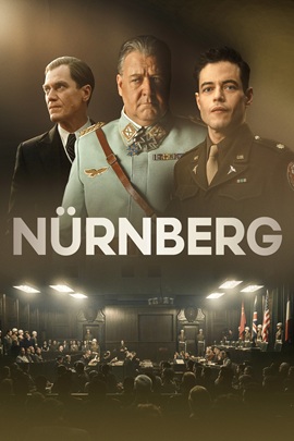 Filmplakat zu „Nürnberg“ mit einem Mann im dunklen Anzug im Vordergrund. Hinter ihm sind weitere ernst blickende Männer und ein historischer Gerichtssaal zu sehen. Die Gestaltung ist in dunklen Braun- und Grautönen gehalten.