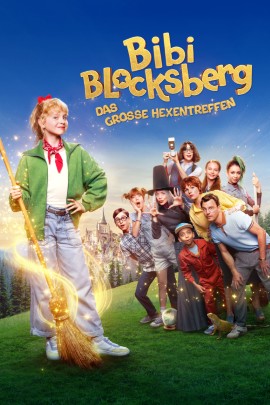 Filmplakat zu „Bibi Blocksberg – Das große Hexentreffen“ mit Figuren in einer fantasievollen Szene. Der Bildaufbau ist lebendig gestaltet, der Filmtitel steht gut sichtbar auf dem Plakat.