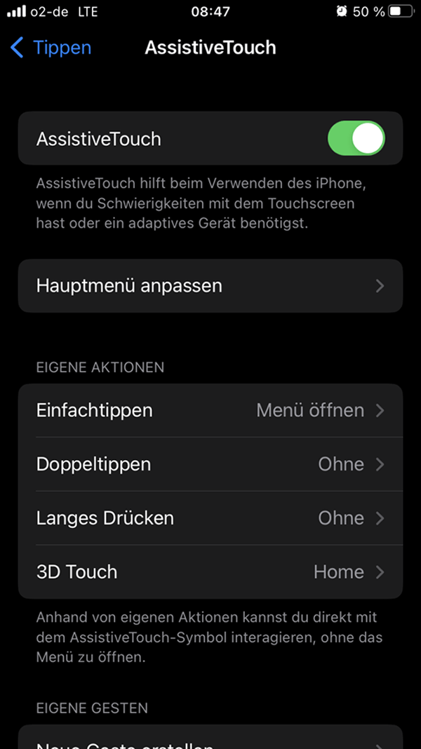 Einstellungen und Menü „AssistiveTouch“