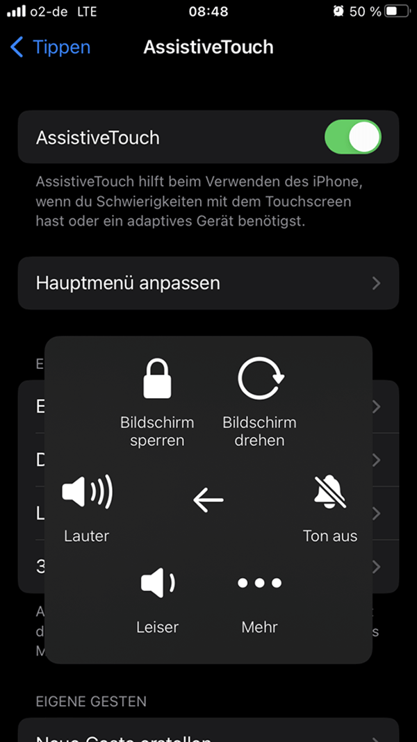 AssistiveTouch“-Menü, Klick auf „Mehr“