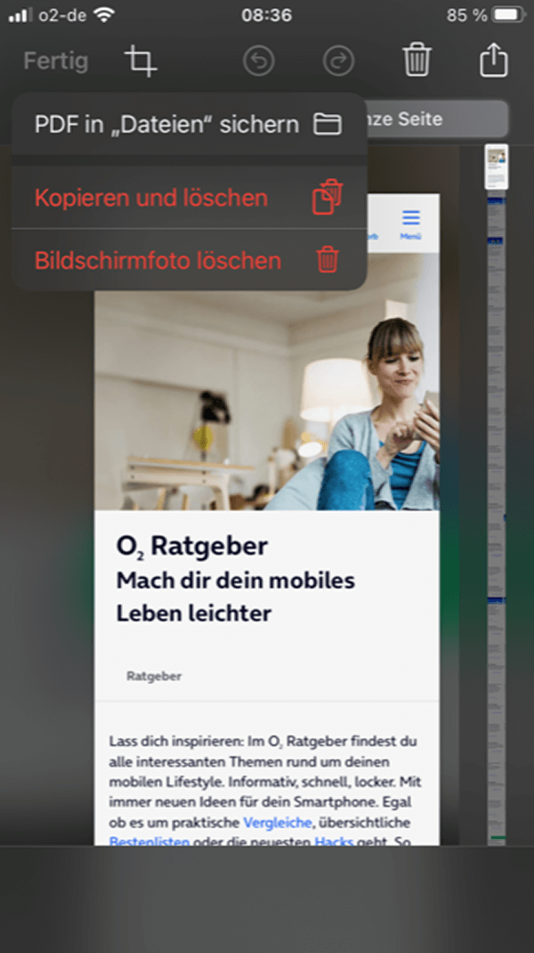 Auswahlmöglichkeiten beim Speichern einer ganzen Webseite: „PDF in „Dateien“ sichern“