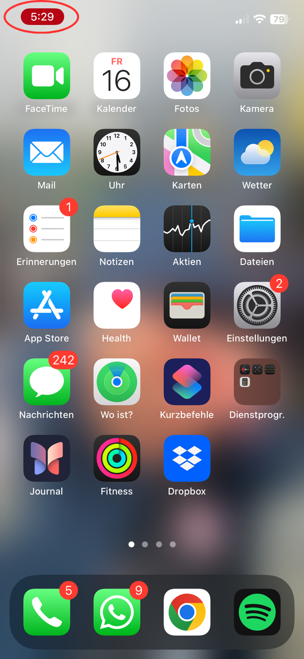 Der iPhone Home Bildschirm mit einem roten Kreis um das rote Element in der oberen linken Ecke, welches die aktuelle Bildschirmaufnahme visualisiert