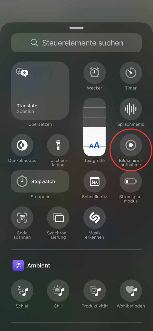 Das Menü zum Hinzufügen von Steuerelementen mit einem roten Kreis um die Option „Bildschirmaufnahme“